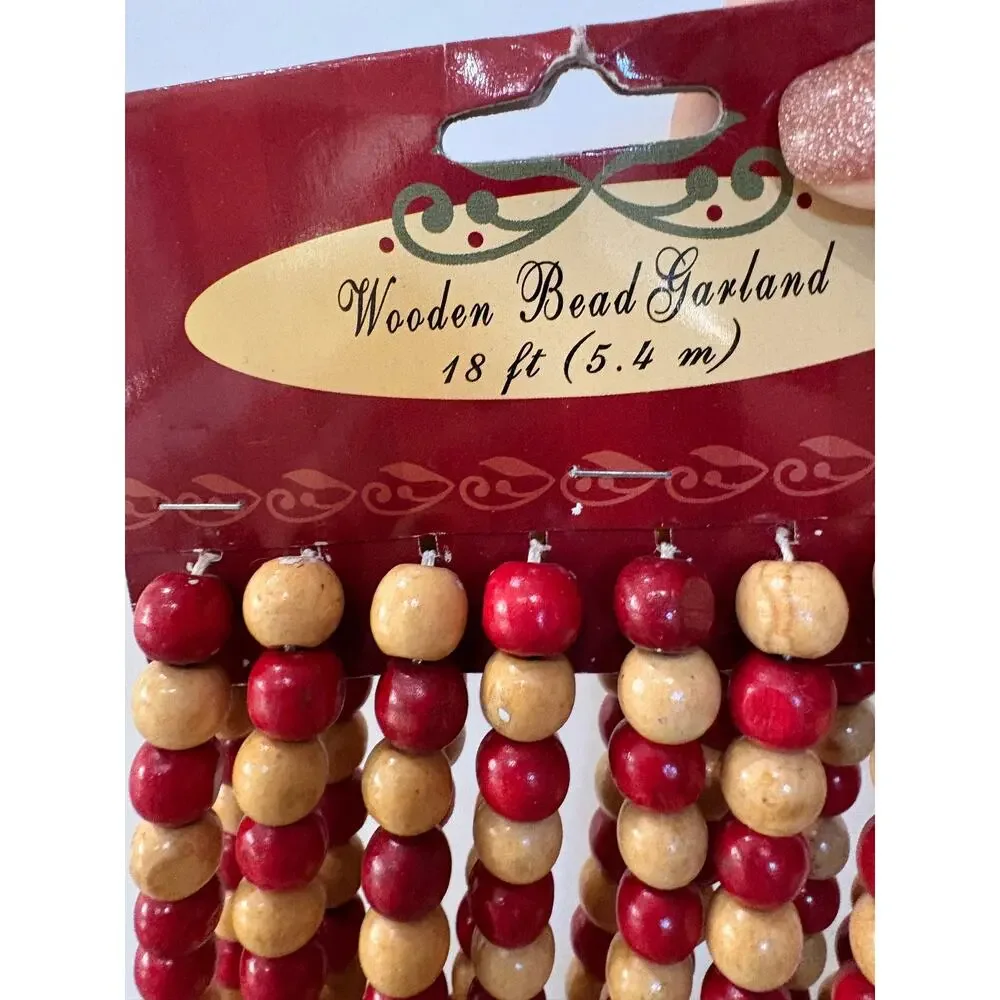 Wooden Bead Christmas Garland 18 Ft Red Natural Wood Beads Rustic Holiday Decor